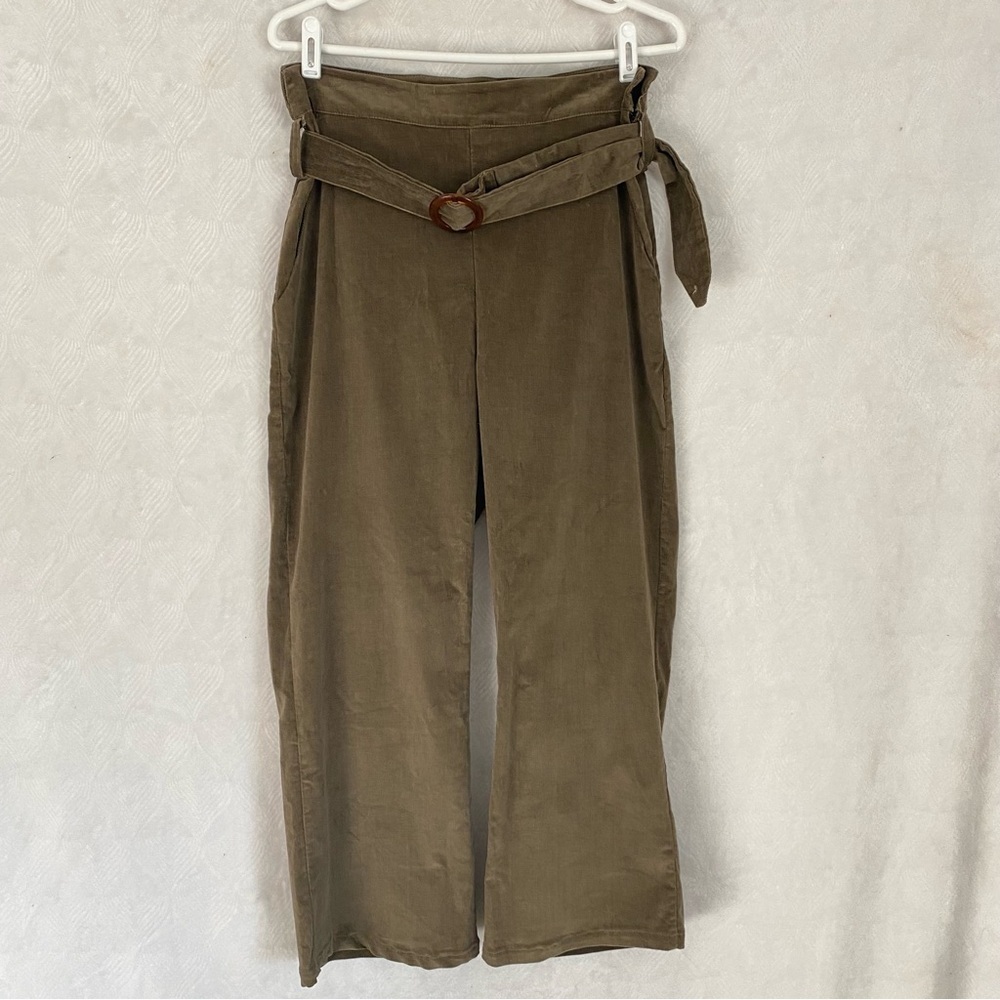 Donni NWT Paperbag Corduroy Belted Wide Leg Pants‎ in Olive Green Women’s Small